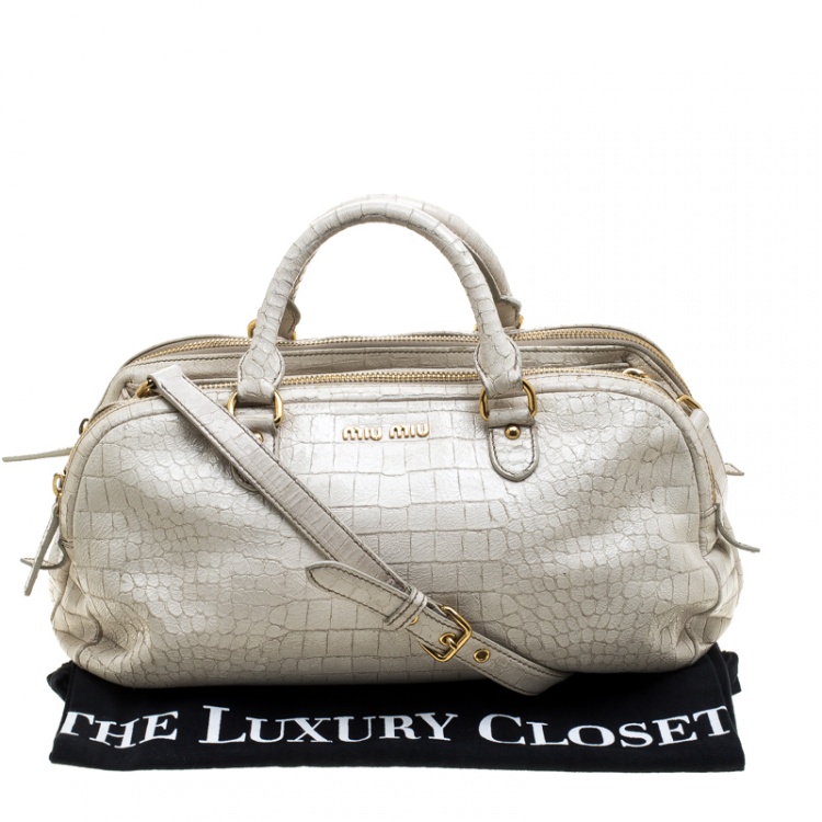 Pre Owned Miu Miu White Croc Embossed Patent Leather Bowling Bag