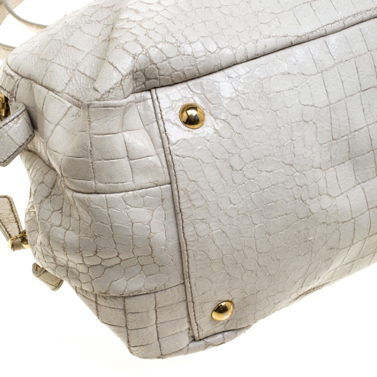 Pre Owned Miu Miu White Croc Embossed Patent Leather Bowling Bag