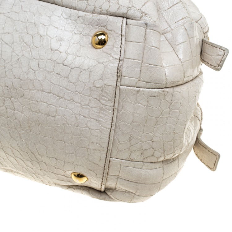 Pre Owned Miu Miu White Croc Embossed Patent Leather Bowling Bag