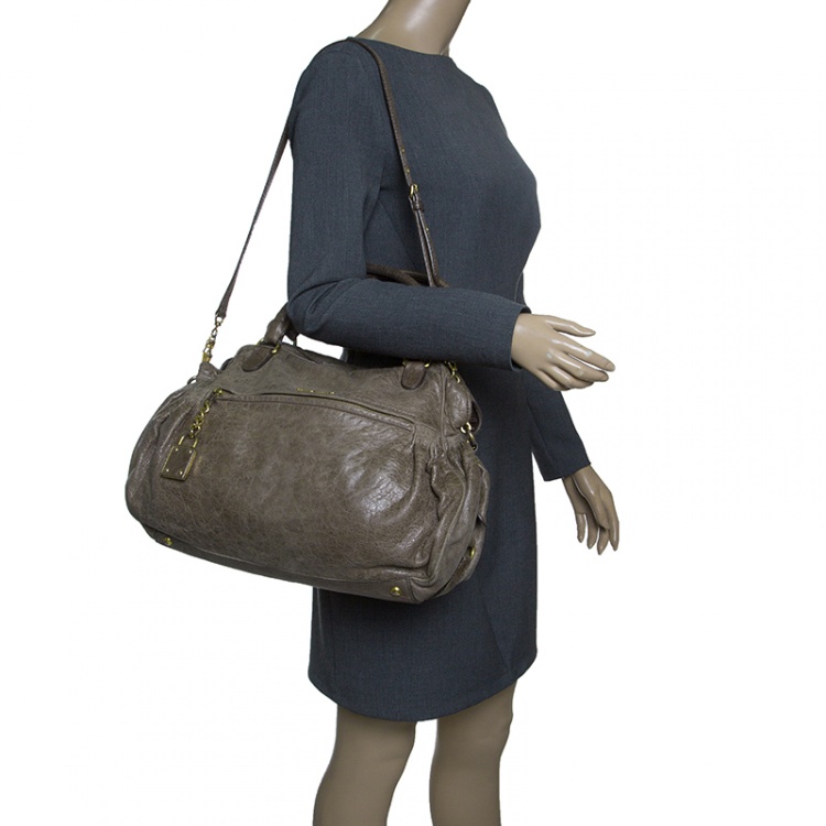 Pre Owned Miu Miu Khaki Distressed Leather Charm Satchel