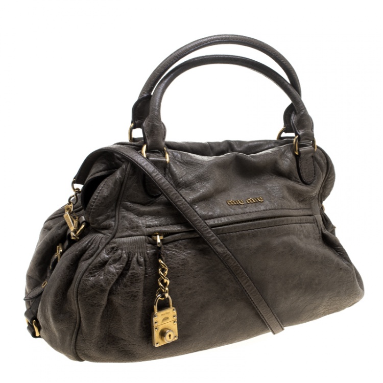 Pre Owned Miu Miu Khaki Distressed Leather Charm Satchel