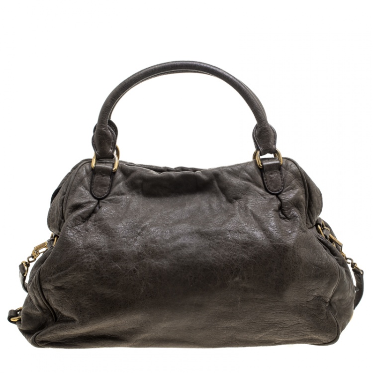 Pre Owned Miu Miu Khaki Distressed Leather Charm Satchel