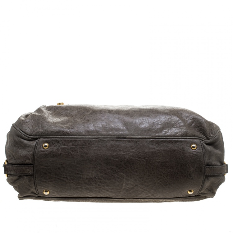 Pre Owned Miu Miu Khaki Distressed Leather Charm Satchel