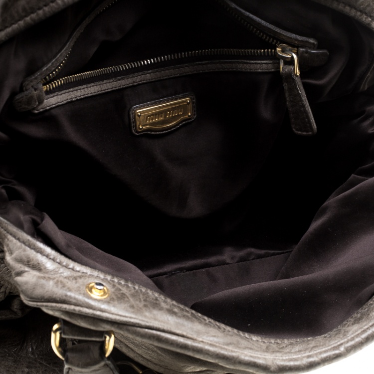 Pre Owned Miu Miu Khaki Distressed Leather Charm Satchel