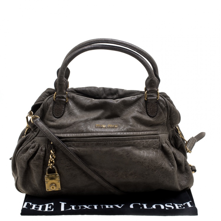 Pre Owned Miu Miu Khaki Distressed Leather Charm Satchel