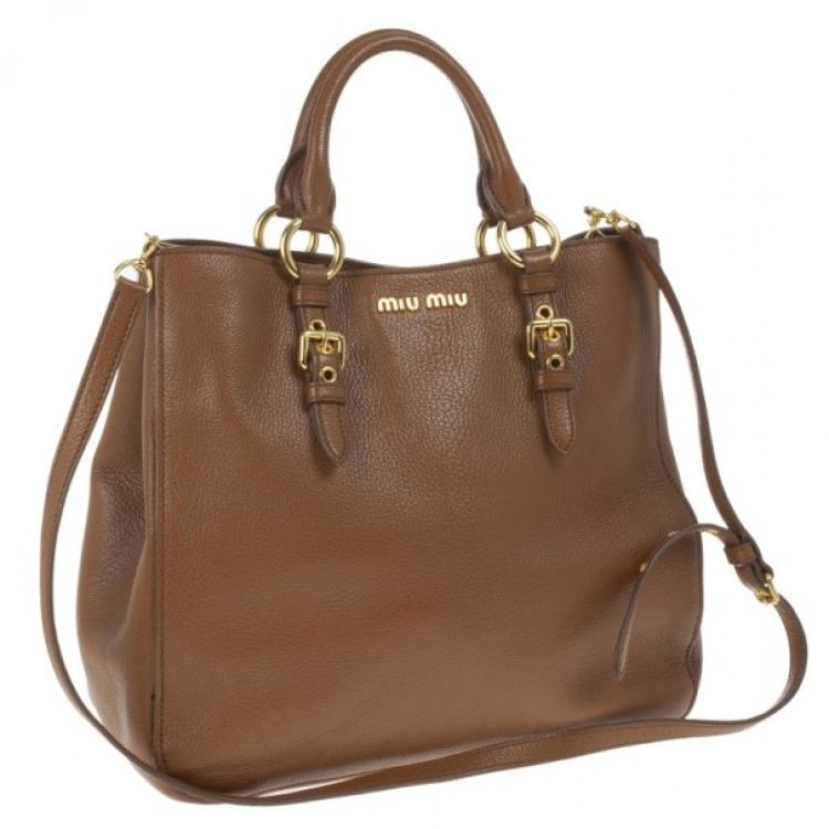 Pre Owned Miu Miu Brown Leather Textured Tote