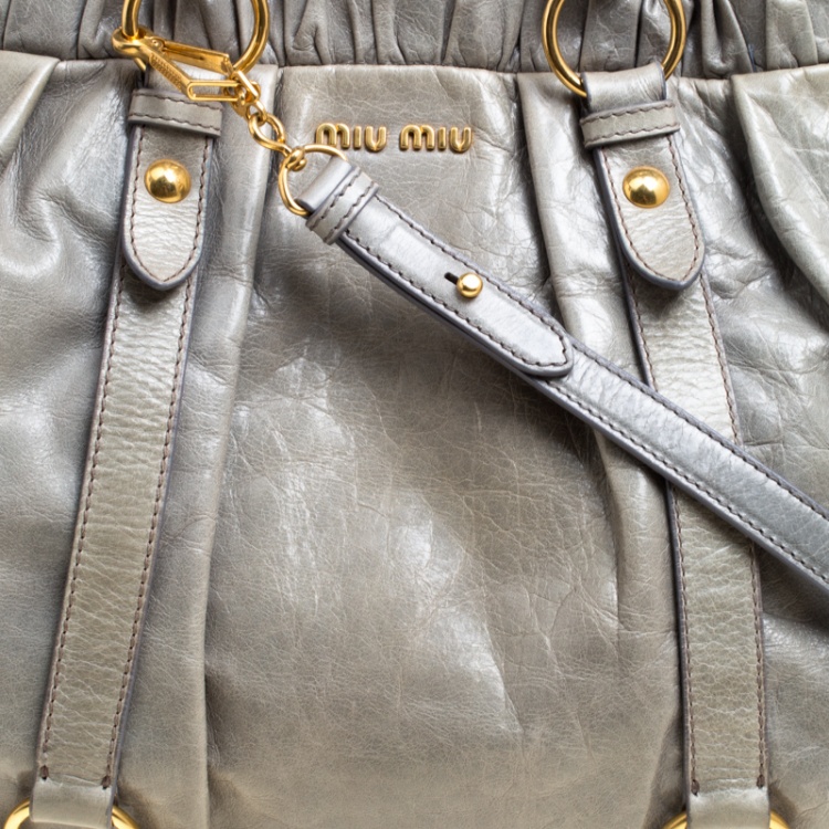 Pre Owned Miu Miu Sage Green Glazed Leather Large Luxe Ruched Top Handle Bag
