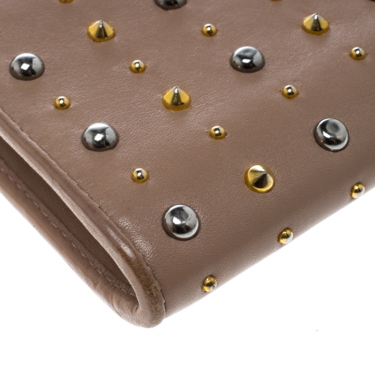 Pre Owned Miu Miu Beige Leather Studded Zip Wallet