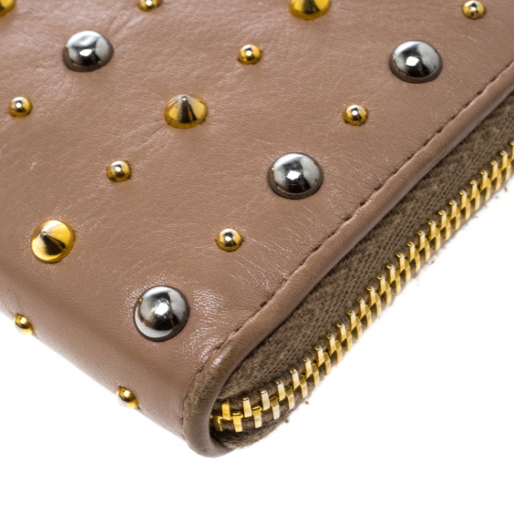 Pre Owned Miu Miu Beige Leather Studded Zip Wallet