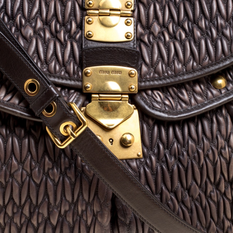 Pre Owned Miu Miu Choco Brown Matelasse Leather Coffer Hobo