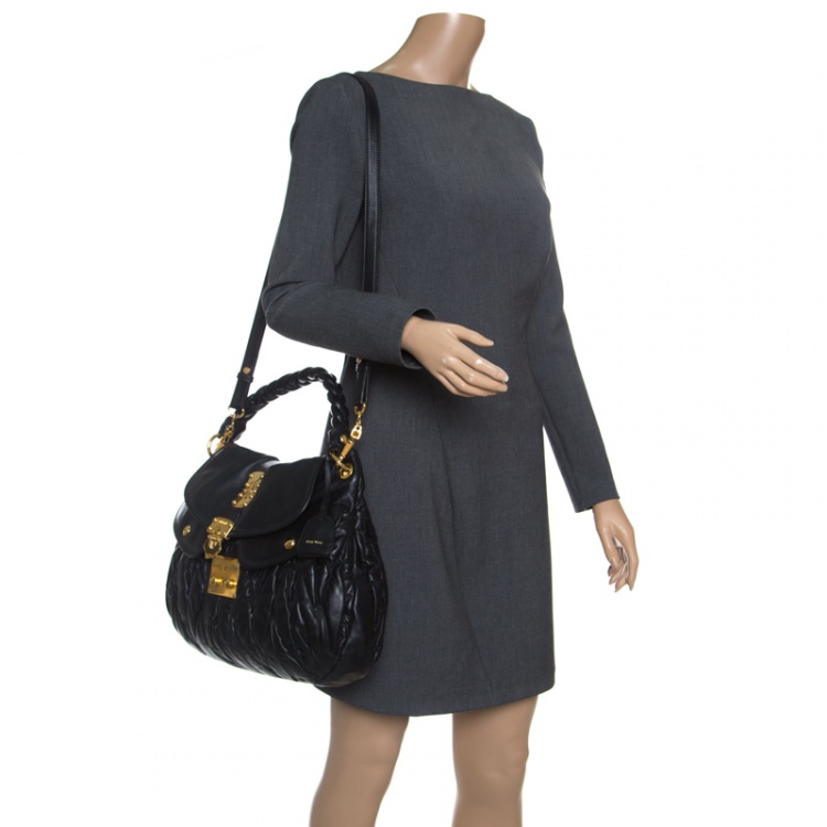 Pre Owned Miu Miu Black Matelasse Leather Coffer Hobo