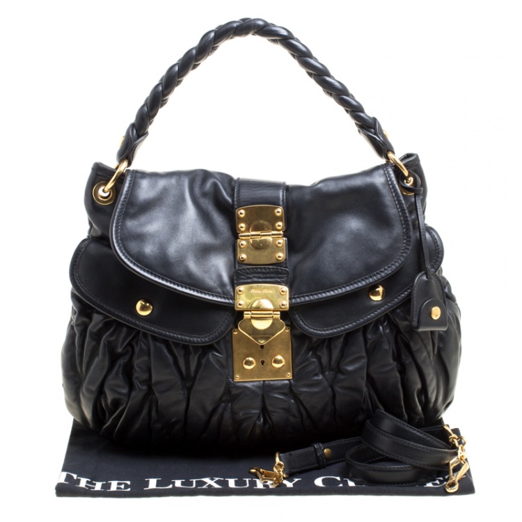 Pre Owned Miu Miu Black Matelasse Leather Coffer Hobo