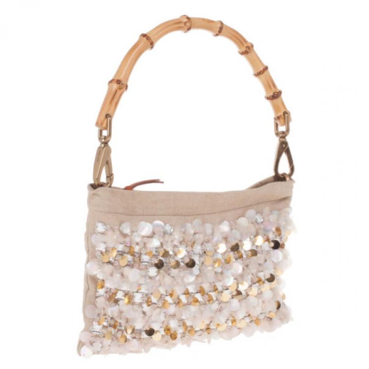 Pre Owned Miu Miu Beige Sequined and Beaded Bamboo Handle Bag
