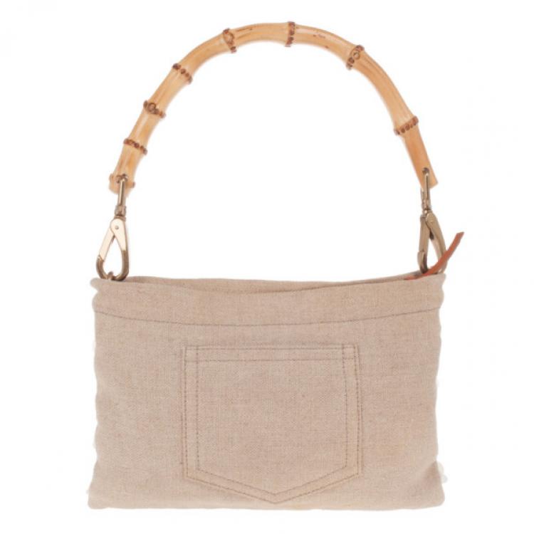 Pre Owned Miu Miu Beige Sequined and Beaded Bamboo Handle Bag