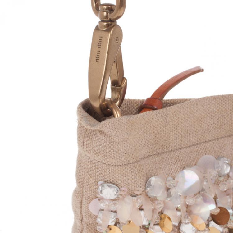 Pre Owned Miu Miu Beige Sequined and Beaded Bamboo Handle Bag