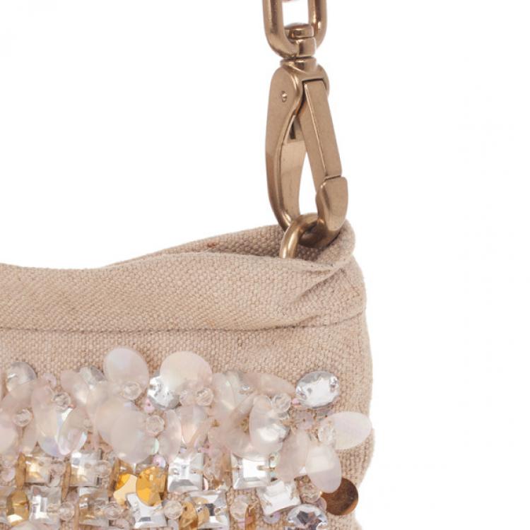 Pre Owned Miu Miu Beige Sequined and Beaded Bamboo Handle Bag