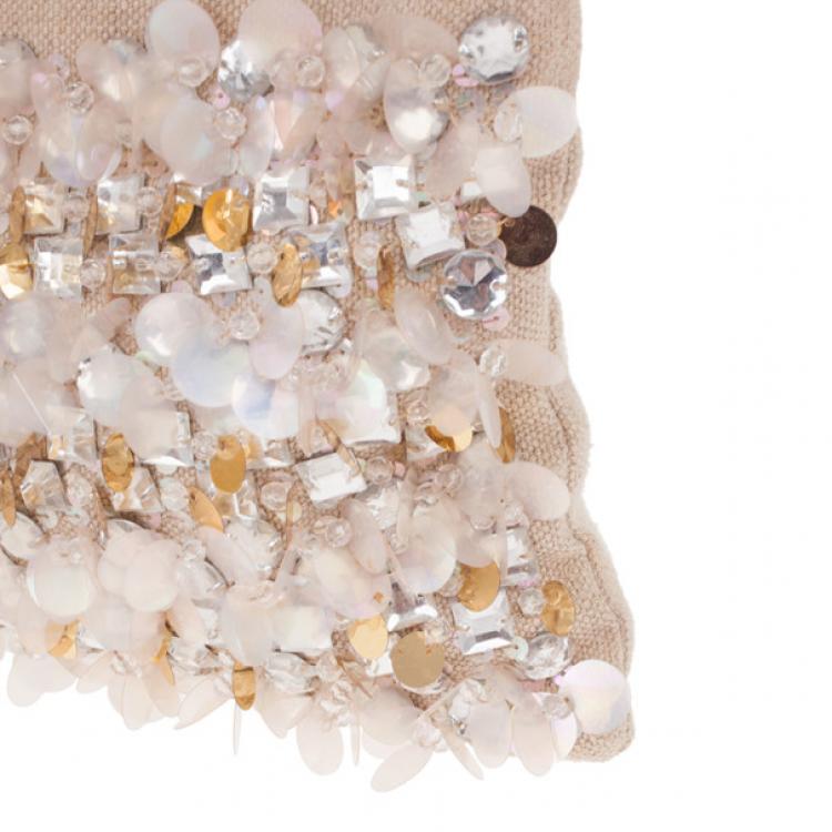 Pre Owned Miu Miu Beige Sequined and Beaded Bamboo Handle Bag