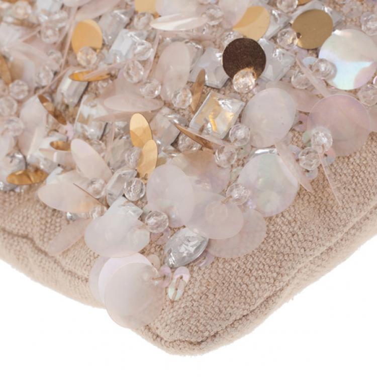 Pre Owned Miu Miu Beige Sequined and Beaded Bamboo Handle Bag