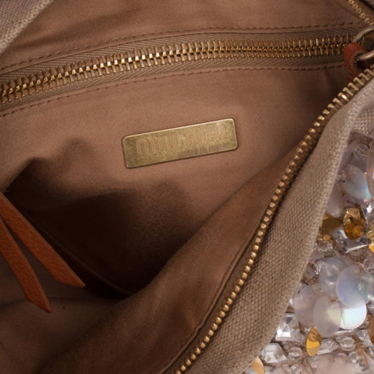 Pre Owned Miu Miu Beige Sequined and Beaded Bamboo Handle Bag