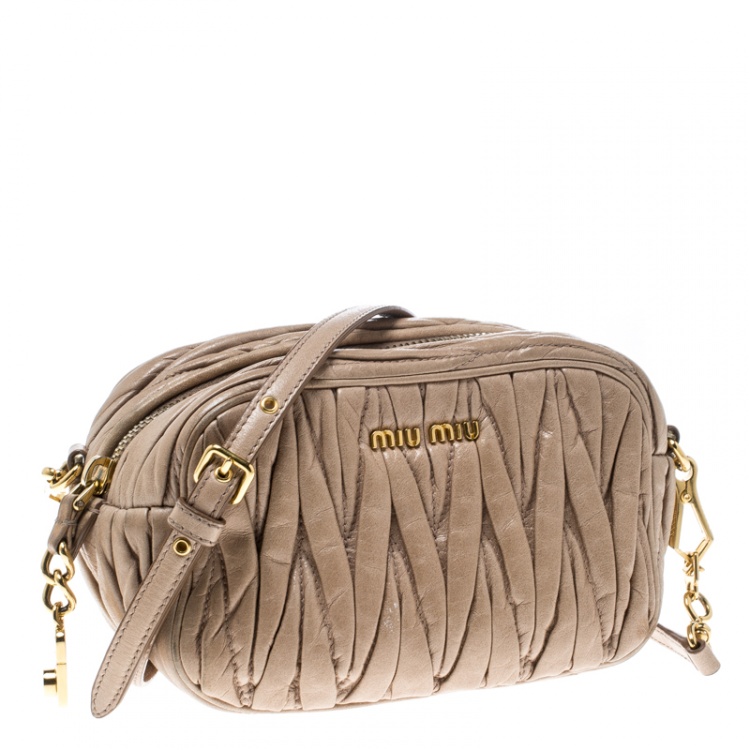 Pre Owned Miu Miu Beige Matelasse Nappa Leather Mini Zipper Shoulder Bag