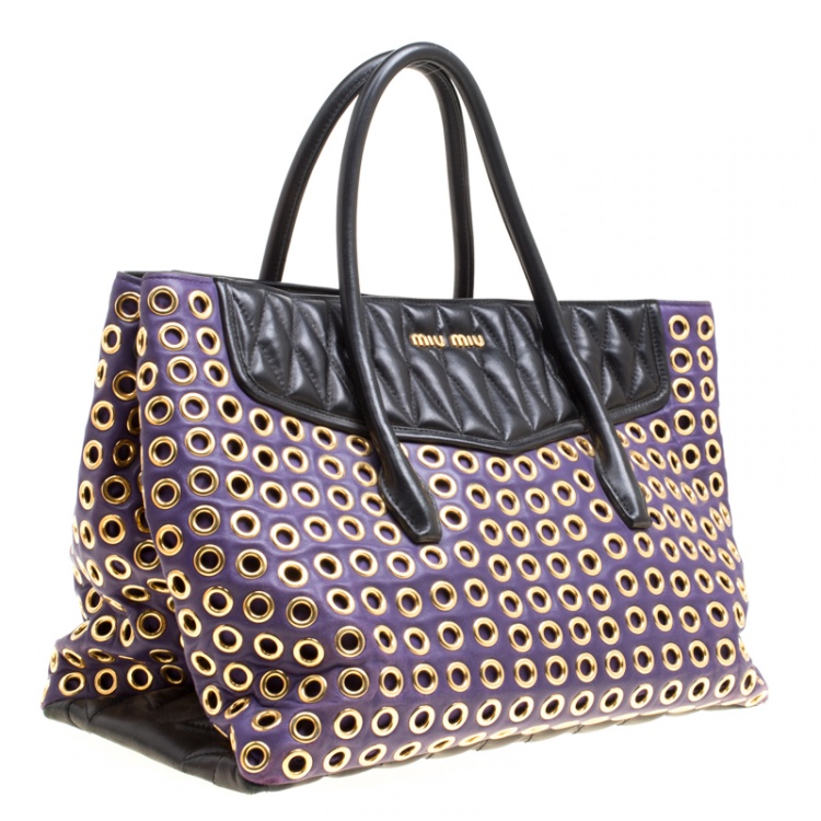 Pre Owned Miu Miu Purple Leather Biker Eyelet Tote