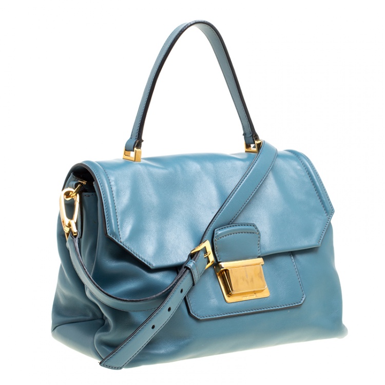 Pre Owned Miu Miu Blue Vitello Soft Leather Top Handle Bag