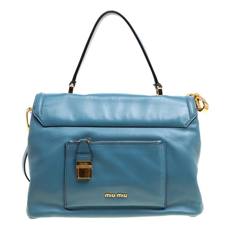 Pre Owned Miu Miu Blue Vitello Soft Leather Top Handle Bag