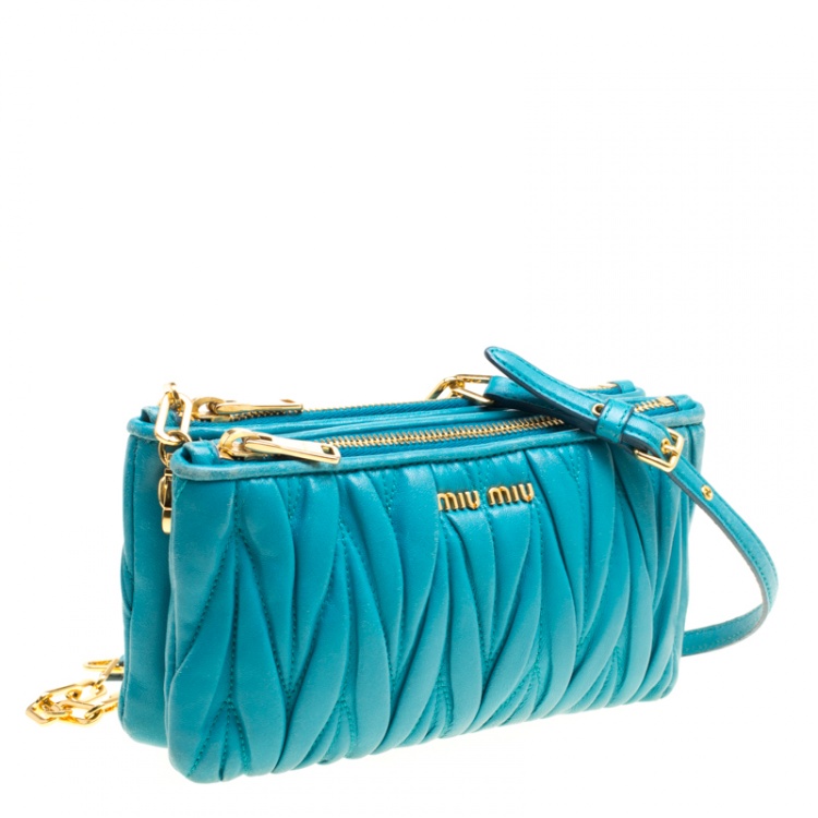 Pre Owned Miu Miu Turquoise Matelasse Leather Double Zip Crossbody Bag