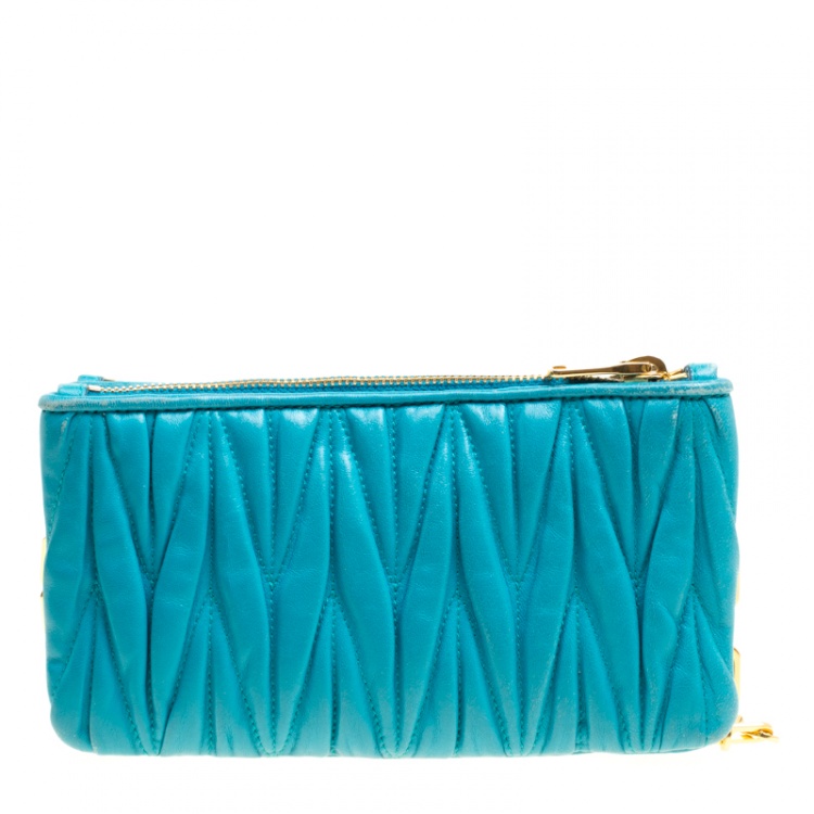 Pre Owned Miu Miu Turquoise Matelasse Leather Double Zip Crossbody Bag