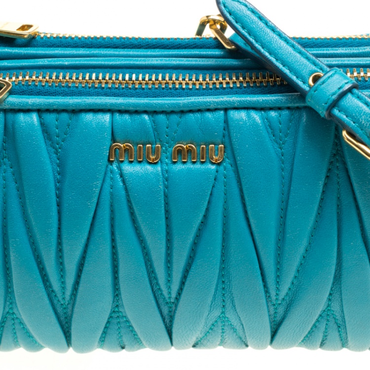 Pre Owned Miu Miu Turquoise Matelasse Leather Double Zip Crossbody Bag
