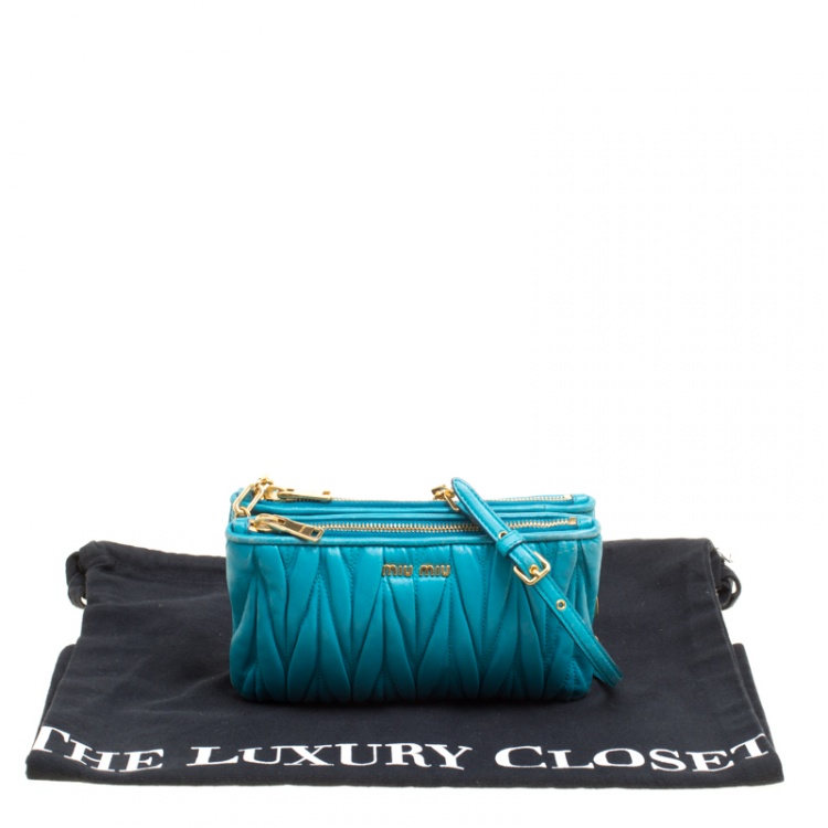 Pre Owned Miu Miu Turquoise Matelasse Leather Double Zip Crossbody Bag