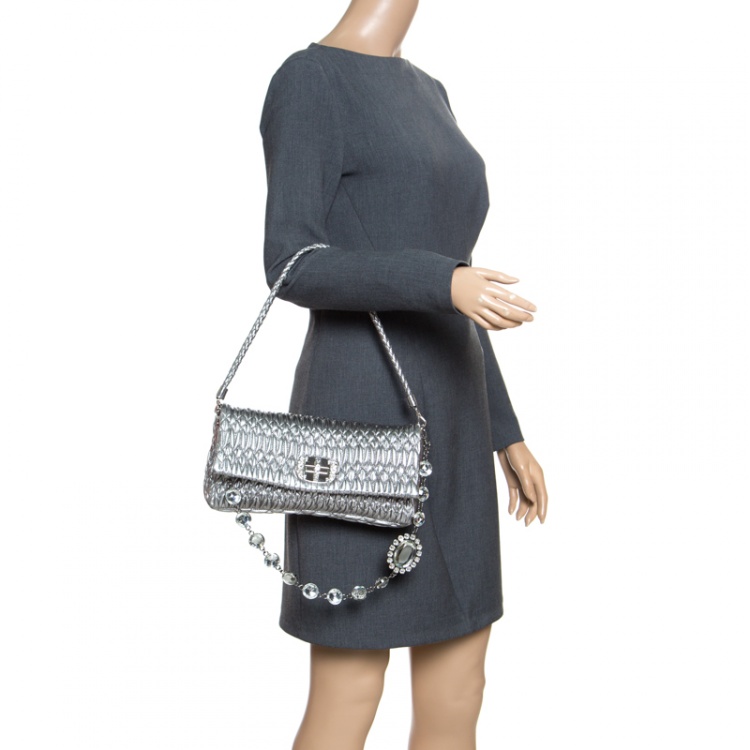 Pre Owned Miu Miu Silver Matelassé Leather Shoulder Bag