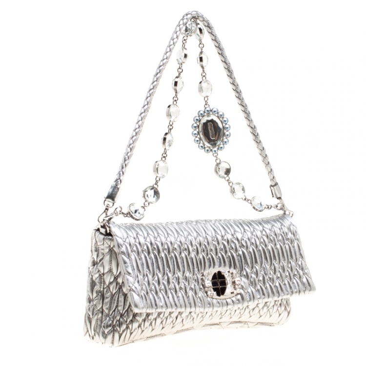Pre Owned Miu Miu Silver Matelassé Leather Shoulder Bag
