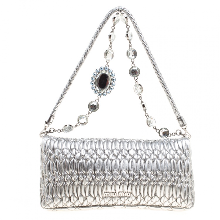 Pre Owned Miu Miu Silver Matelassé Leather Shoulder Bag