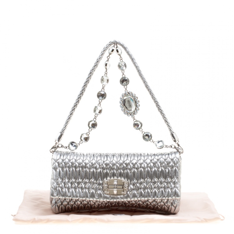 Pre Owned Miu Miu Silver Matelassé Leather Shoulder Bag
