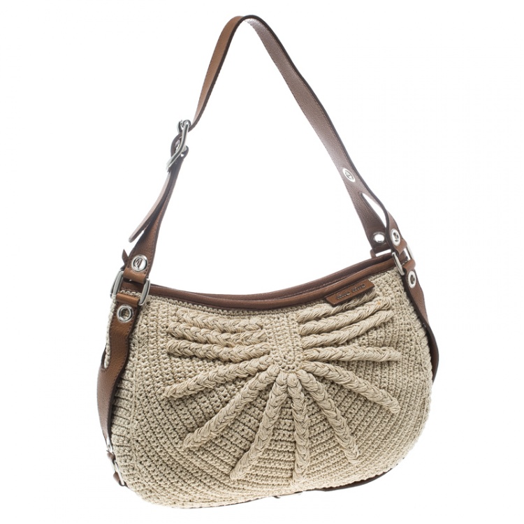 Pre Owned Miu Miu Beige/Brown Crochet Fabric and Leather Hobo