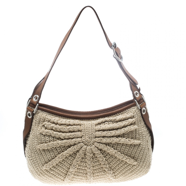 Pre Owned Miu Miu Beige/Brown Crochet Fabric and Leather Hobo