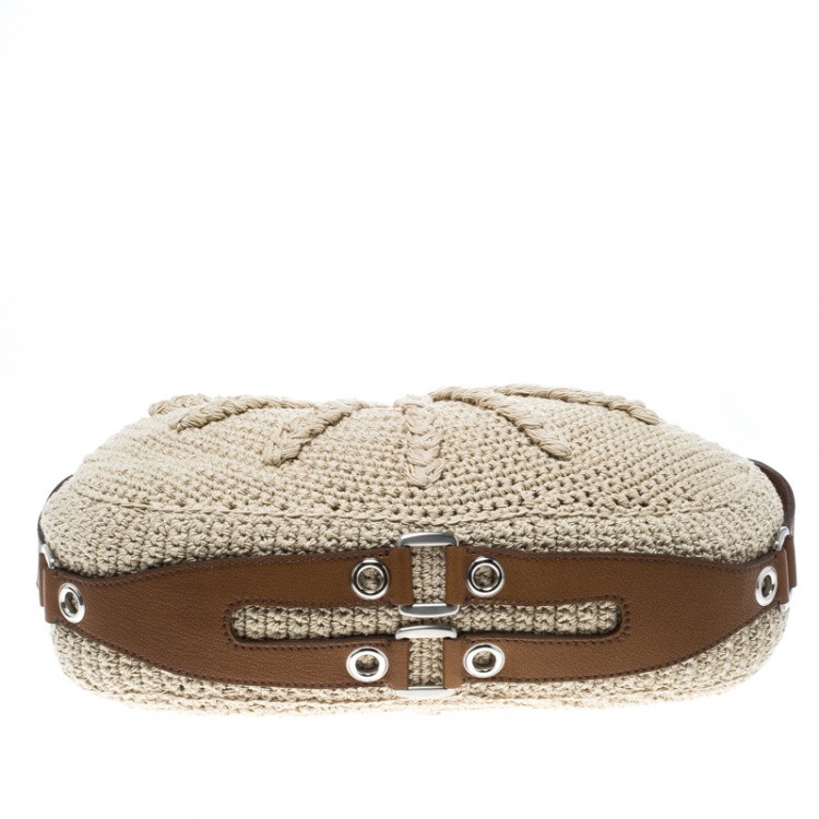 Pre Owned Miu Miu Beige/Brown Crochet Fabric and Leather Hobo