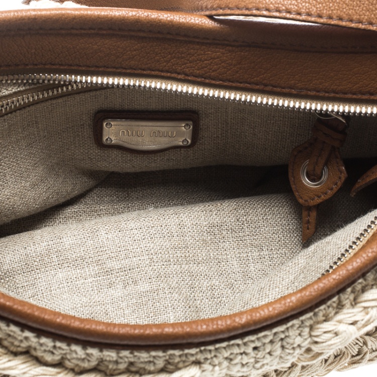 Pre Owned Miu Miu Beige/Brown Crochet Fabric and Leather Hobo