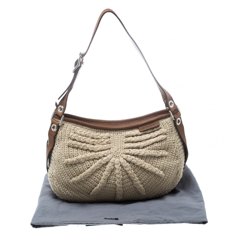 Pre Owned Miu Miu Beige/Brown Crochet Fabric and Leather Hobo