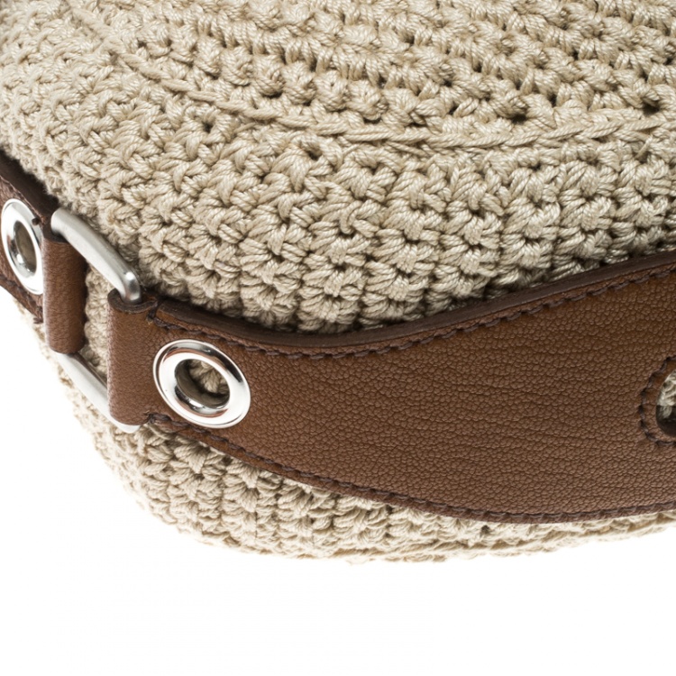 Pre Owned Miu Miu Beige/Brown Crochet Fabric and Leather Hobo