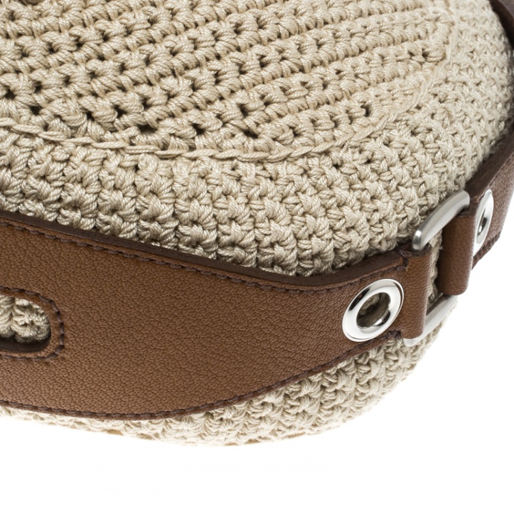 Pre Owned Miu Miu Beige/Brown Crochet Fabric and Leather Hobo