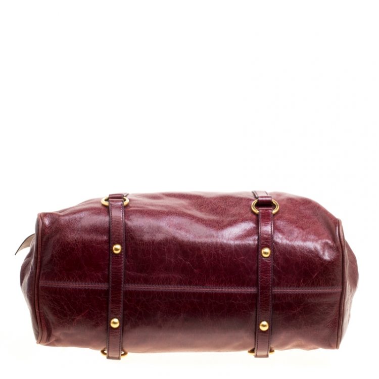 Pre Owned Miu Miu Burgundy Glazed Leather Bow Top Handle Bag