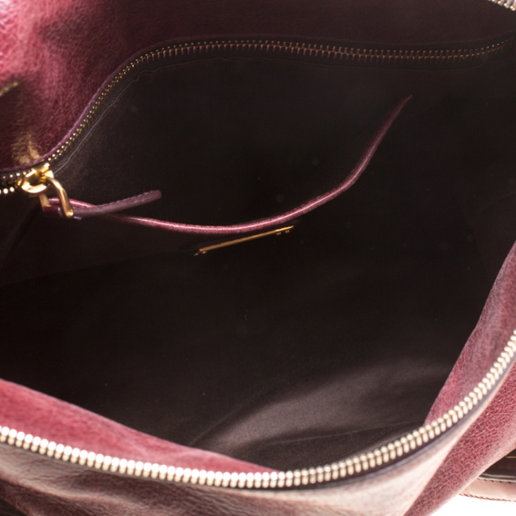 Pre Owned Miu Miu Burgundy Glazed Leather Bow Top Handle Bag