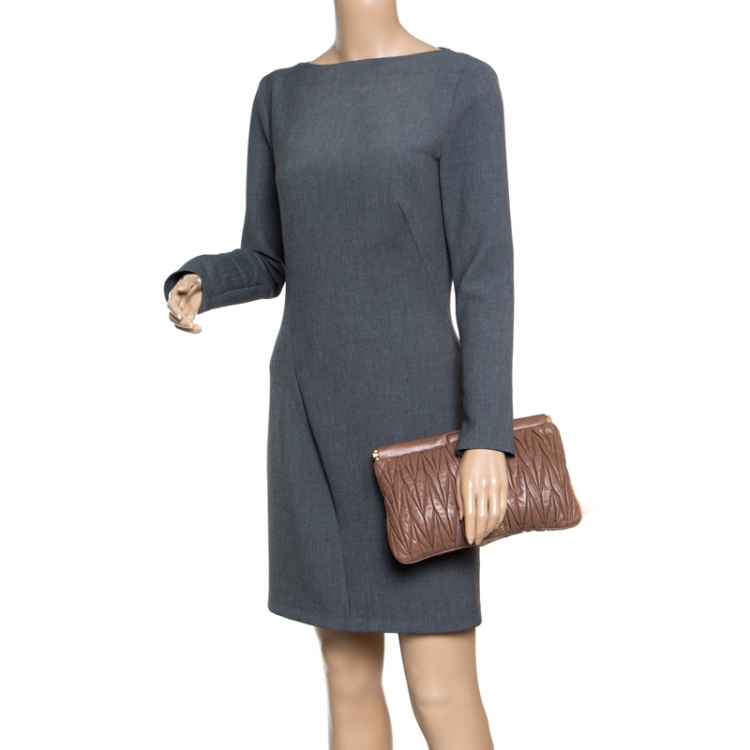 Pre Owned Miu Miu Brown Matelassé Leather Frame Clutch