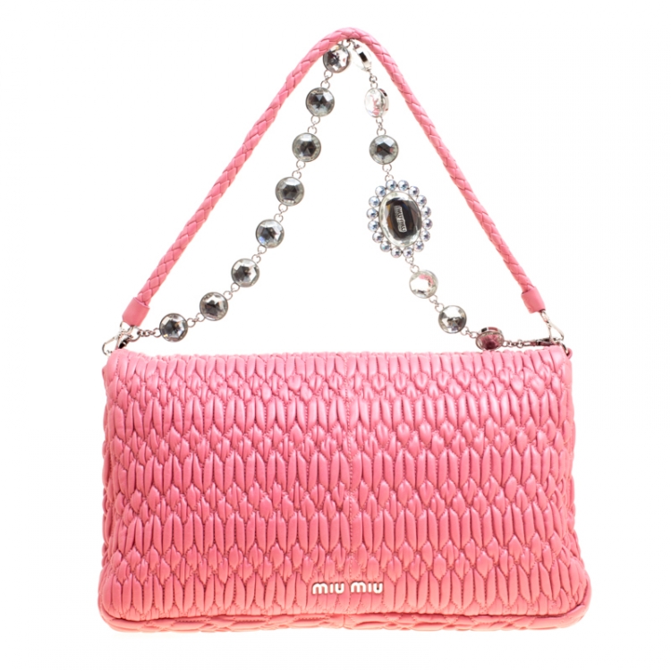 Pre Owned Miu Miu Pink Matelasse Nappa Leather Crystal Shoulder Bag