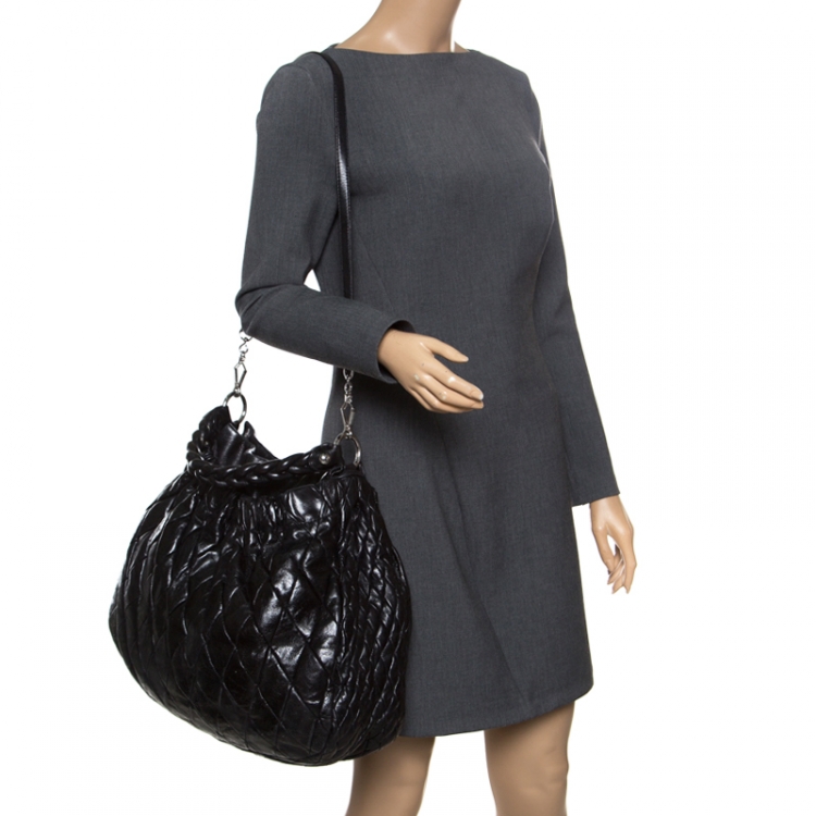 Pre Owned Miu Miu Black Glazed Quilted Leather Large Harlequin Hobo