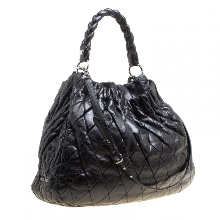 Pre Owned Miu Miu Black Glazed Quilted Leather Large Harlequin Hobo