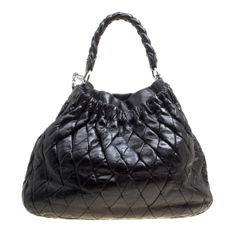 Pre Owned Miu Miu Black Glazed Quilted Leather Large Harlequin Hobo