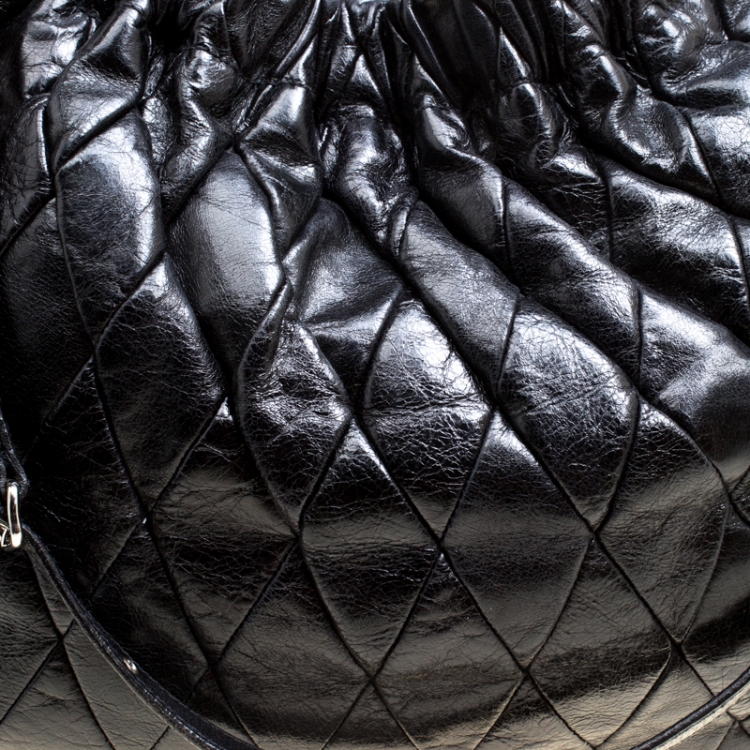Pre Owned Miu Miu Black Glazed Quilted Leather Large Harlequin Hobo